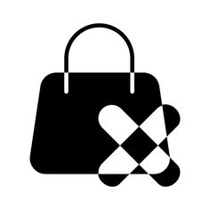 a black and white icon of a handbag with an x sign on it's side