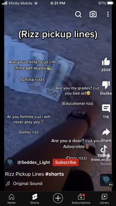 an iphone screenshot showing the riz pickup lines on its screen, which are also available for viewing