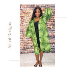 Green print Ankara cotton kimono  with side pockets.  45 inches long with 3/4 length sleeves and a detachable detachable belt.  This kimono can be worn with just about anything.  It's the perfect addition to your fall wardrobe! Fitted Casual Kimono With Kimono Sleeves, Casual Fitted Kimono With Kimono Sleeves, Cotton Robe With Kimono Sleeves For Fall, Fitted Casual Cotton Kimono, Casual Fitted Cotton Kimono, Oversized Cotton Kimono With Open Front, Oversized Cotton Open Front Kimono, Fitted Long Green Kimono, Fitted Long Sleeve Green Kimono