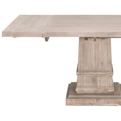 a wooden table with two legs and a square shaped top, on a white background