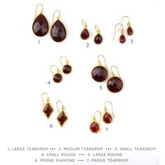 We're celebrating the month of January with beautiful Garnet Quartz earrings! You can choose your favorite gemstone shape and size to fit your style. These earrings would make a great gift for birthdays or holidays, or if you just need a bit of vibrant dark red in your jewelry fashion.The gemstones are listed in the following order:1. Large Teardrop - 18 x 25mm2. Medium Teardrop - 9 x 13mm3. Small Teardrop - 6 x 9mm4. Small Round - 10mm5. Large Round - 18mm6. Diamond Prong - 8 x 13mm7. Prong Tea Gold Faceted Crystal Earrings For Gift, Amber Teardrop Birthstone Jewelry, Gemstone Drop Earrings For Party, Party Gemstone Drop Earrings, Red Birthstone Jewelry For Party, Teardrop Earrings For Valentine's Day Party, Faceted Gemstones For Gifts, Fine Jewelry Style, Sterling Silver Gemstone Earrings For Valentine's Day, Faceted Gemstones For Gifts - Fine Jewelry