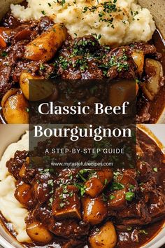 a bowl full of beef and potatoes with the title classic beef bourgugnon