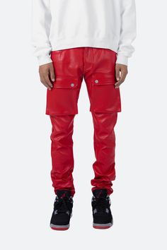 the Leather Snap Cargo Pants are designed with a fit that is relaxed throughout the leg, with cargo pockets located on the front thigh, and finishing off in our custom developed poly-leather fabric. details relaxed fit 100% polyester model is 6’1, 140 lbs and wears a size 30 Leather Cargo Pants, M65 Jacket, Red Can, 140 Lbs, Denim Flares, Knit Shorts, Fabric Details, Leather Fabric, Black Denim