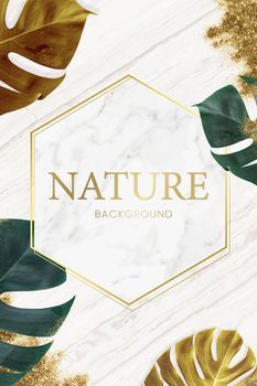 gold leaves and marble background with the words nature in white, green and yellow colors