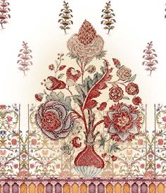 an intricately designed wall hanging with flowers and leaves on it's side,