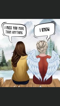 two people are sitting on a bench with their backs to each other, one has an angel's wings and the other says i miss you more than anything