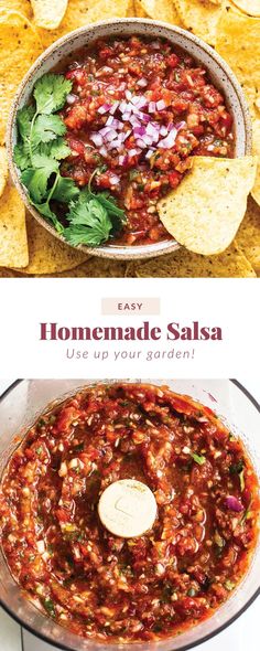 homemade salsa in a bowl with tortilla chips on the side