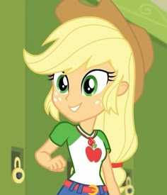 a cartoon girl with blonde hair wearing a green shirt and blue shorts, standing in front of a door