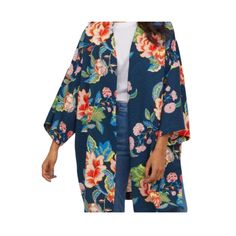 -Knee Length Jacket In Thick, Woven Fabric With A Printed Pattern. -Dark Blue/Orange/Green/Pink Floral -Dropped Shoulders -3/4 Length Sleeves -Length Approx. 36" -Discreet Side Seam Pockets -Unlined Bin 19 Gilet Kimono, Knee Length Jacket, Floral Kimono Cardigan, Patterned Jacket, Light Denim Jacket, Knee Length Coat, Mode Kimono, Women Blouses Fashion, H&m Jackets