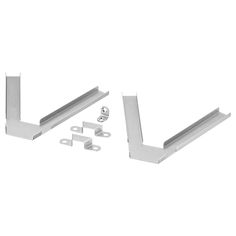 two metal brackets and screws on a white background