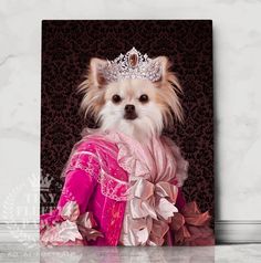 a small dog in a pink dress with a tiara