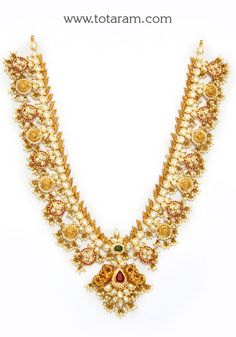 22 Karat Gold "Lakshmi" Long Necklace with Cz , Color Stones,Pearls & Japanese Pearl (Temple Jewellery)
  Length of the Necklace with Pendant : 18.00 inches - 235-GN3281 - in 115.050 Grams for USD $8727.39. 
Made in India by Totaram Jewelers Online this product is in Gold - 22 Karat BIS Hallmark 916 KDM Gold  & is an excellent gift for Adult - Women. Ships fully insured with secured guaranteed delivery for free with your order over $250 from New Jersey USA & comes with 30 days exchan Luxury Gold Temple Necklace For Statement Jewelry, Luxury Temple Necklace With Tilla For Rituals, Luxury 22k Gold Temple Necklace For Festive Occasions, Luxury Gold Plated Temple Necklace, Luxury Gold-plated Temple Necklace, Luxury Heavy Gold Temple Necklace, Luxury Gold Temple Necklace With Stone Work, Luxury Gold Cutdana Temple Necklace, Luxury 22k Gold Temple Necklace With Stone Work