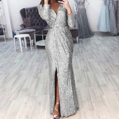 Olivia Mark - Long Evening Dress with Deep V-Neck and Sparkling Details, Elegant and Sexy Cocktail Party Gown High Waist Maxi Dress, Side Split Dress, Party Long Dress, Bodycon Evening Dress, Formal Ball Gown, Banquet Dresses, Sequin Evening Dresses, Long Evening Dress, Dress Women Elegant