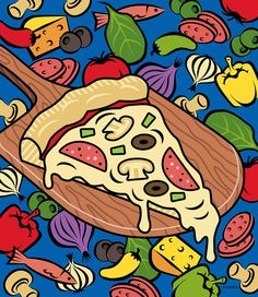 a piece of pizza surrounded by vegetables and fruits on a blue background with clippings