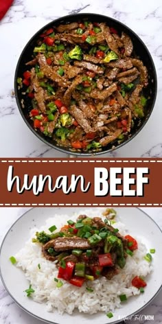 beef and vegetable stir fry in a skillet on top of rice with the words human beef above it