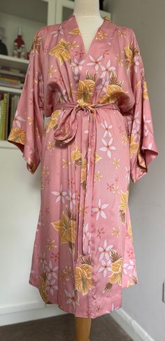 Kimono Robe, Hawaiian tropical pink, yellow and white Pattern Dressing Gown, one size, unisex, gifts for her and him Pajama Robe, Womens Robes, Unisex Gifts, Dressing Gown, White Patterns, Pink Yellow, Gowns Dresses, Floral Pattern, Art Collection