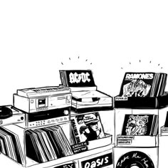 an ink drawing of various records and cassettes stacked on top of each other,