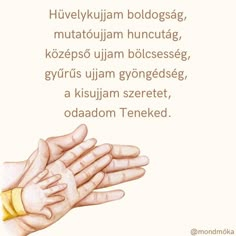 two hands reaching out to each other in front of a white background with words written below