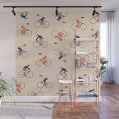 a room with a wallpaper that has bicycles on it