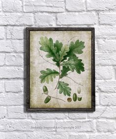 a painting on a brick wall with green leaves and acorns hanging from it