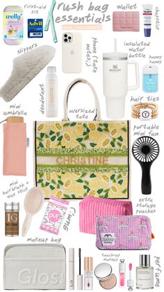 the contents of a woman's travel bag are shown in this graphic style, including cosmetics