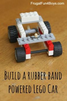 a lego car sitting on top of a wooden table with the words build a rubber band powered lego car