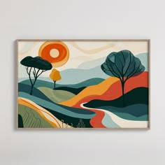 an abstract painting with trees and hills in the background is framed on a white wall