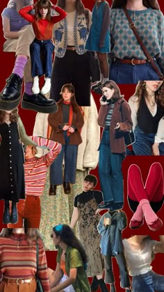 a collage of women's clothing and accessories including hats, sweaters, scarves