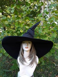 Witch Hat Extra Large Brim Witch Hat Cotton Witch's Hat | Etsy Large Witch Hat, Velvet Witch Hat, Witch Hats Costume, Witch Characters, Black Witch Hat, Halloween Hat, Fair Outfits, Witch Design, Witch Hats