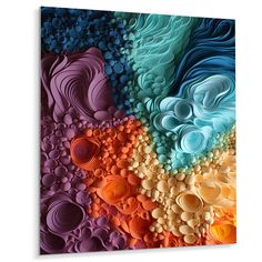 an abstract painting with different colors and shapes on it's canvas, including circles