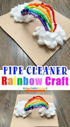 a paper plate with a rainbow painted on it and the words, pipe cleaner rainbow craft