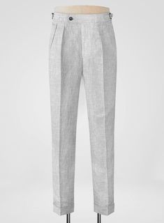 Maintain a distinct professional appearance by adding an extra bit of flair with our Italian Zod Light Gray Linen Trousers. Crafted from linen, these pants will keep you cool, sharp and stylish in summer.   
 
 Look Includes  Italian Zod Light Gray Linen Fabric  Cross Pocket  Forward 2 Pleats  Side Tabs (No Loops)- Arrow Shape  Bottom Cuff (1.5")  Two Welted Back Pockets on Trousers   You can change the look during customization if required. 
 
 Lining: Viscose, Dry Clean. Tailored Ankle-length Dress Pants For Summer, Classic Straight Linen Dress Pants, Classic Linen Straight Dress Pants, Formal Summer Ankle Pants, Formal Summer Ankle-length Pants, Classic Straight Leg Linen Dress Pants, Tailored Ankle-length Summer Bottoms, Formal Linen Dress Pants With Pockets, Formal Tapered Leg Dress Pants For Summer