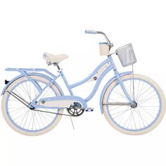 a blue and white bicycle is shown against a white background