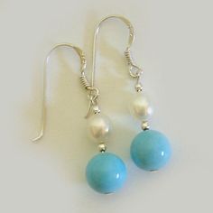 Blue Western Turquoise Freshwater Cream White Pearl Sterling Silver Earrings Light Blue Round Beads Jewelry For Wedding, Easy Jewelry Making Ideas, Western Turquoise, Handmade Jewelry Gift, Brooch Jewelry, Bleu Turquoise, Cow Girl, Sterling Silver Dangle Earrings, Sterling Silver Bead