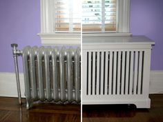 the radiator before and after being installed in an empty room with purple walls