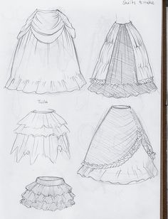 three different types of dresses drawn in pencil on white paper, each with ruffles