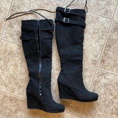 Never Worn Black Size 8 Lace Up Wedge Knee Length Boots Black Boots Thigh High, Y2k Knee High Boots, Knee High Slouchy Boots, 2010s Accessories, Black Boots Knee High, Wedged Boots, Knee High Wedge Boots, Fit Board, Knee Length Boots