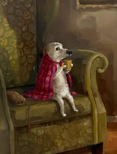 a painting of a dog sitting on a chair with a cup in it's mouth