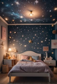 a child's bedroom with stars painted on the ceiling and bed in the foreground