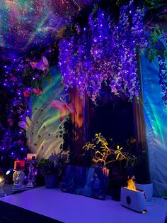 A dreamy work environment! Mythical Creatures Decorations, Avatar Themed Room Decor, Glowy Room Aesthetic, Avatar Quinceanera, Pandora Room Avatar, Crystal Themed Room, Magic Forest Room, Pandora Inspired Room, Enchanted Forest Halloween Decorations