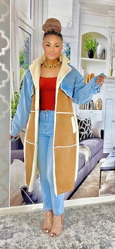 Trendy Brown Patchwork Outerwear, Winter Denim Long Coat, Denim Outerwear With Faux Fur Trim, Spring Long Coat Outerwear With Patchwork, Spring Long Coat With Patchwork, Brown Denim Outerwear For Fall, Fall Denim Outerwear In Brown, Hooded Denim Patchwork Outerwear, Hooded Patchwork Denim Jacket For Fall