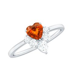 Prong Set Created Orange Sapphire Heart Ring with Diamond Lab Created Orange Sapphire - ( AAAA ) - Quality - Rosec Jewels Orange Cut, Orange Sapphire, 18k Yellow Gold Ring, Yellow Gold Rings, Exquisite Design, Promise Ring, Promise Rings, Prong Setting, Ring Shopping