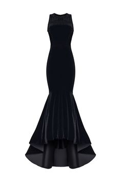 Velvet gown with ruffled skirt black 9G010 – RASARIO How To Style A Maxi Dress, Black Velvet Gown, Voluminous Sleeves, Long Midi, Velvet Gown, Dream Dresses, Formal Outfits, Ruffled Skirt, Long Midi Dress