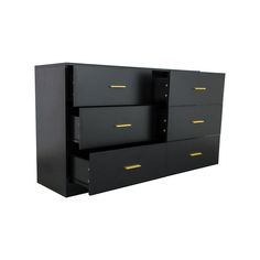 a black dresser with gold handles and drawers on the bottom shelf, against a white background