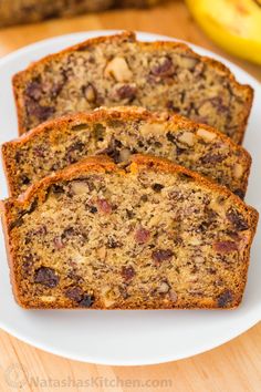 slices of banana nut bread on a white plate