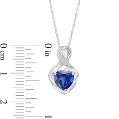 Gift her a charming and elegant symbol of your love with this heart-shaped blue lab-created sapphire and diamond accent pendant. Crafted in cool 10K white gold This look glistens with a 7.0mm heart-shaped bright blue lab-created sapphire. A diamond-accented ribbon loops around the center stone and artfully forms the twist bail above. Blue sapphire is the traditional birthstone for September and symbolizes truth, sincerity and commitment. The pendant suspends along an 18.0-inch rope chain that secures with a spring-ring clasp. Heart Cut Sapphire Jewelry For Valentine's Day, Sapphire Jewelry For Valentine's Day Formal, Heart-shaped Sapphire Jewelry For Formal Occasions, Formal Heart-shaped Sapphire Jewelry, Valentine's Day Heart Cut Sapphire Jewelry, Sapphire Fine Jewelry For Valentine's Day, Sapphire Heart Cut Necklace Fine Jewelry, Anniversary Necklace With Lab-created Sapphire Birthstone, Sapphire Heart Pendant Birthstone Jewelry