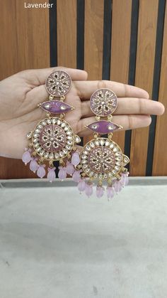 *Light Weighted Gold earrings. *Lavender, Multicolor, Sea green, White Earrings length - 4.4 inches (included drops) Earring width - 1.6 inches *Green, Enamel white, Rani, Maroon Earrings length - 4 inches (included drops) Earring width - 1.9 inches Kundan Earrings With Zari Work, Round Kundan Earrings With Zari Work, Bridal Earrings With Gota Work For Wedding, Festive Purple Kundan Earrings, Purple Kundan Earrings For Wedding, Traditional Kundan Purple Earrings, Traditional Purple Kundan Earrings, Meenakari Dangle Danglers For Wedding, Wedding Meenakari Dangle Earrings