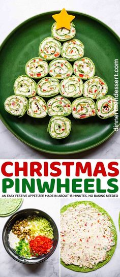 christmas pinwheels on a green plate with the title