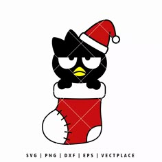 a black and white penguin wearing a santa claus hat on top of a red stocking