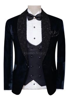 🎉 Step up your style game with our stunning black tuxedo suit! 🖤✨ Made with luxurious velvet fabric, this designer party wear and groom wear ensemble will make you stand out from the crowd. The hand-embellished shawl adds a touch of elegance and sophistication to your look. 💫✨ Don't miss out on this fashion masterpiece! For online order and prices plz visit: https://uomoattire.com/products/designer-groom-and-party-wear-black-velvet-tuxedo-suit or ☎️ Call/WhatsApp on +1 (516) 853-3280 #BlackTu Black Velvet Suit For Semi-formal Occasions, Luxury Velvet Suit For Black-tie Events, Luxury Velvet Suits For Parties, Luxury Velvet Tuxedo For Evening, Fitted Velvet Tuxedo Suit, Luxury Velvet Party Suit, Semi-formal Velvet Tuxedo Suit, Luxury Black Velvet Blazer, Elegant Velvet Suits For Black-tie Events